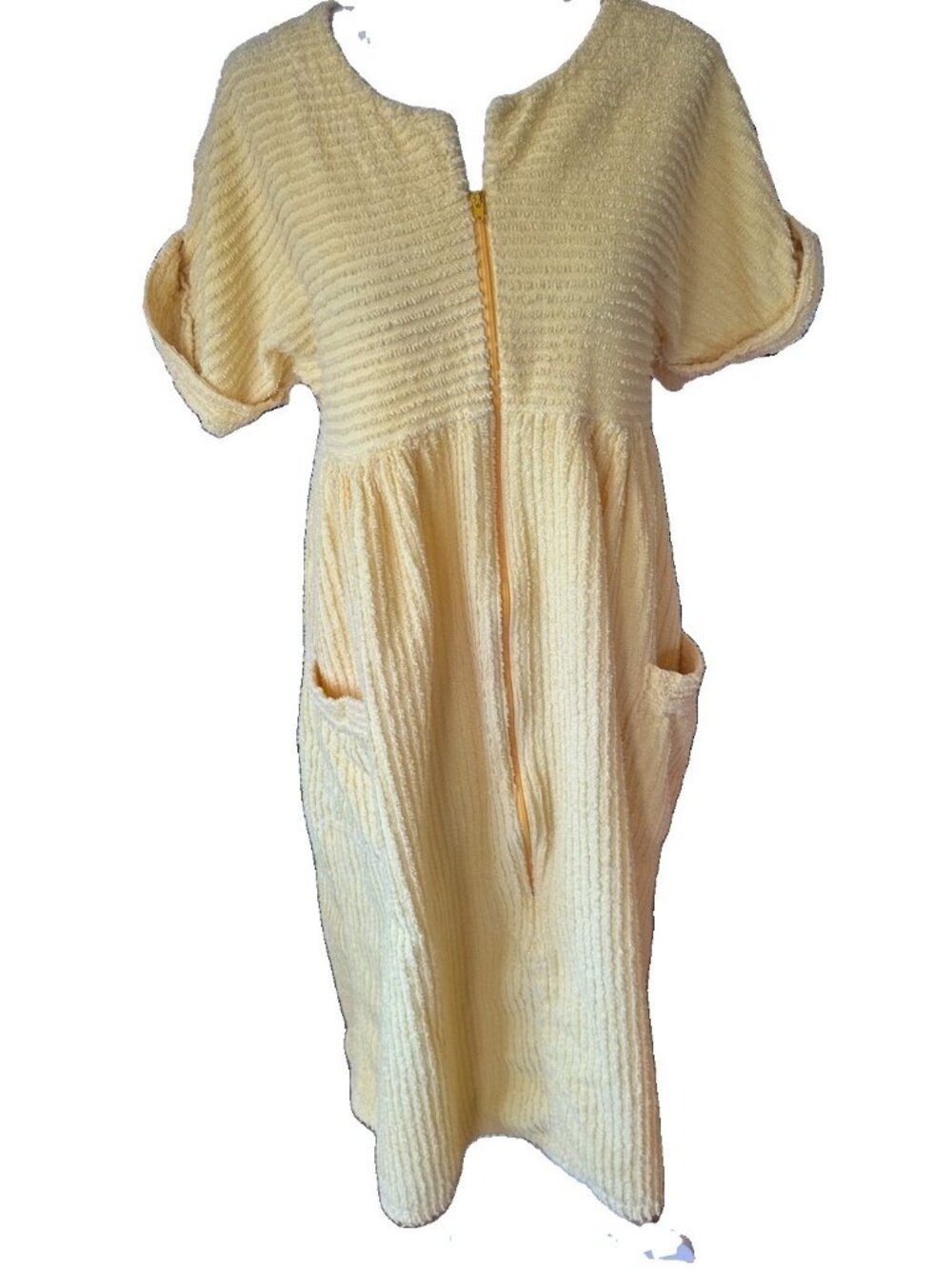 Stan Herman Vintage Butter Yellow Small Chenille Robe HouseCoat 3/4 Zip pockets